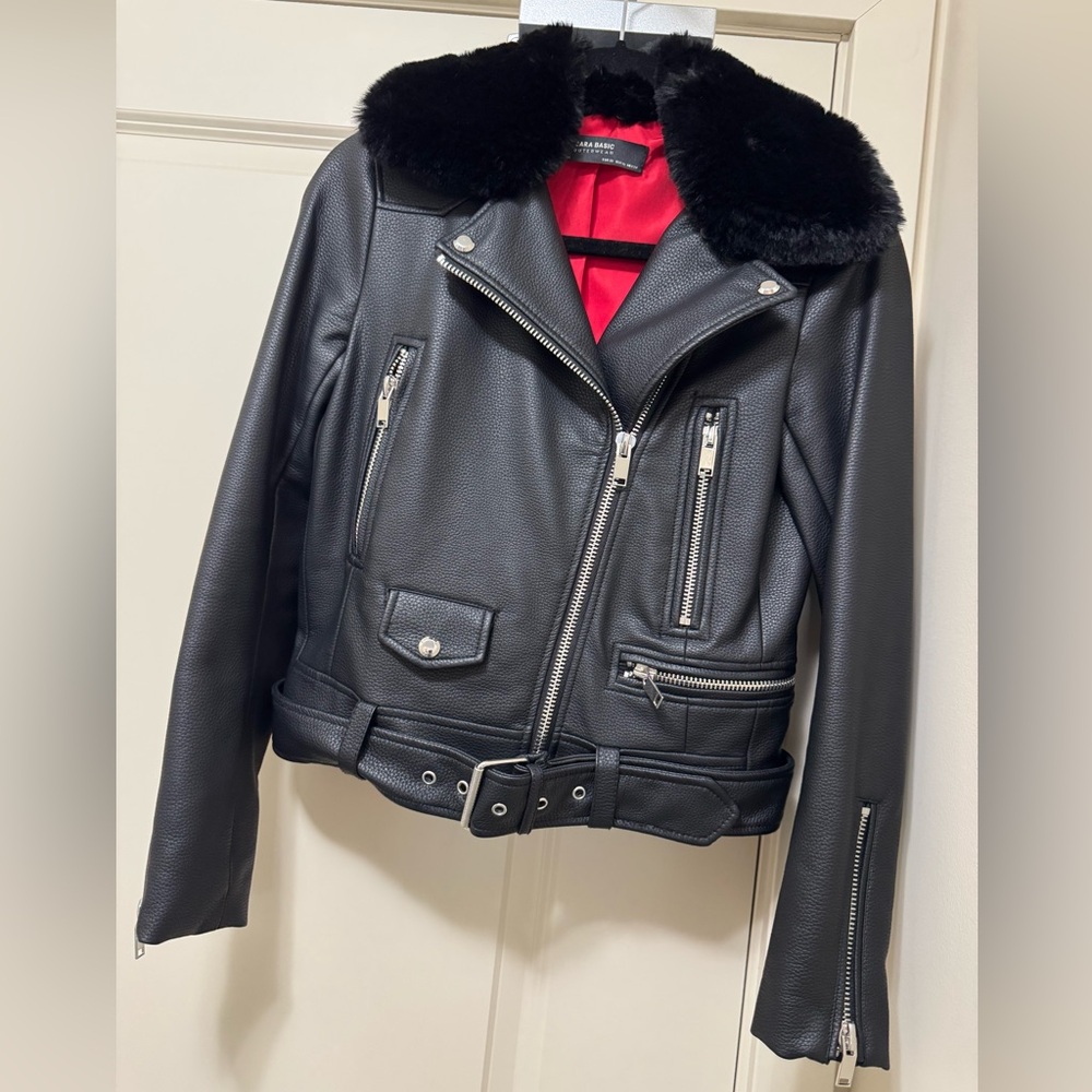 Zara Elegant Black Leather Jacket with Fur Collar
